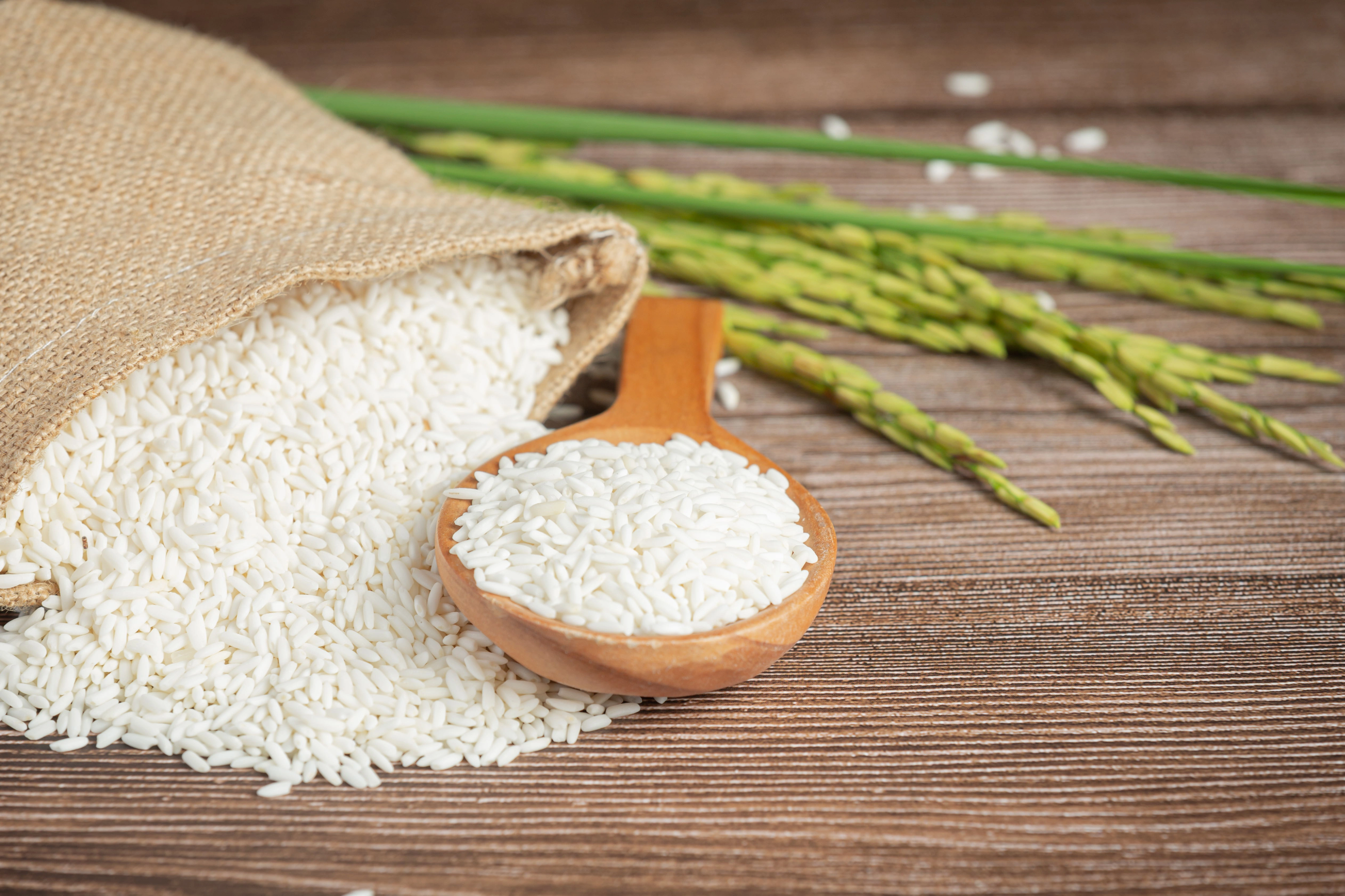 Taz&oacute;n peque&ntilde;o de arroz blanco, costal de arroz blanco y plata de arroz