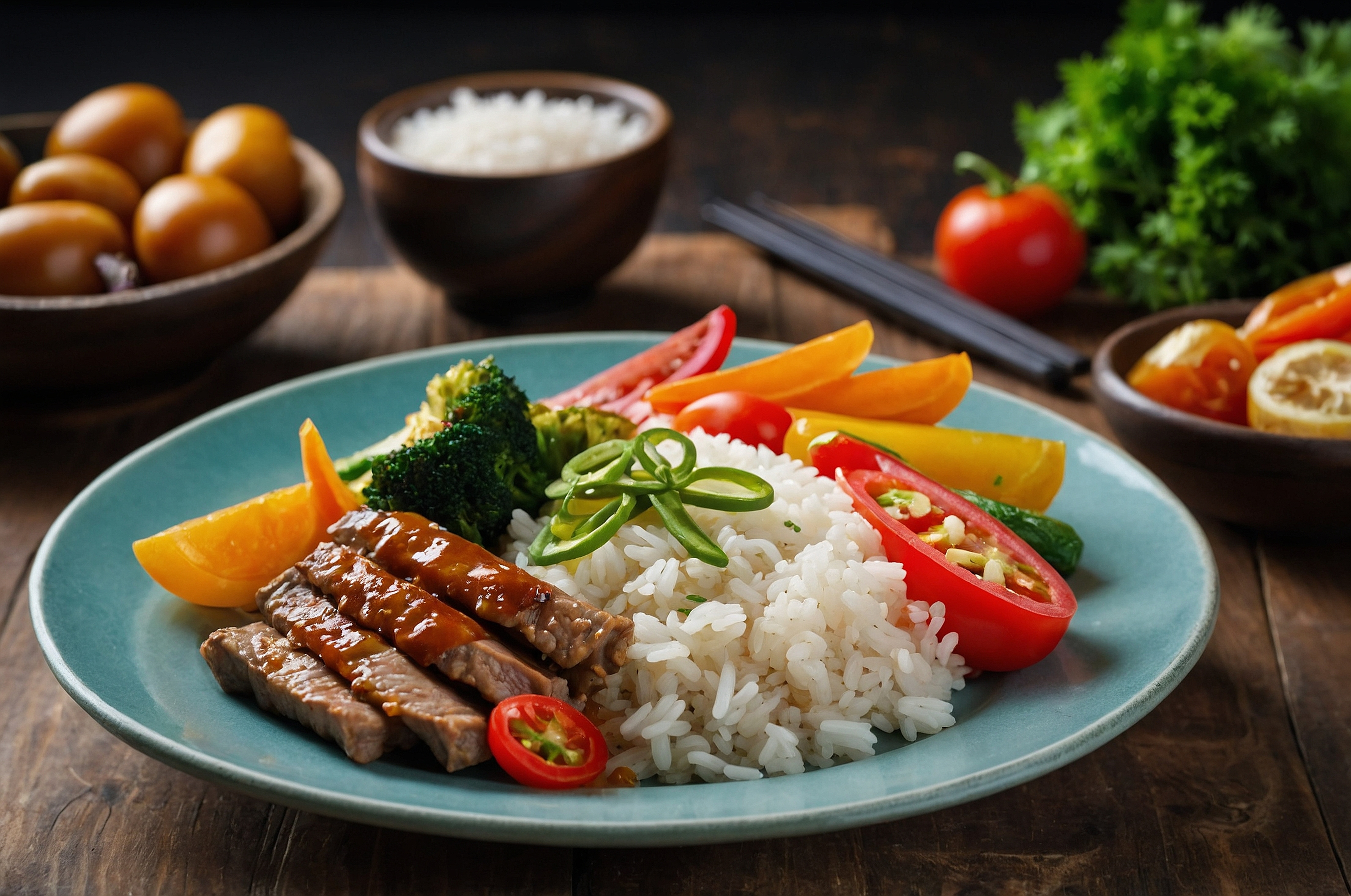 Plato de arroz blanco con carne y vegetales